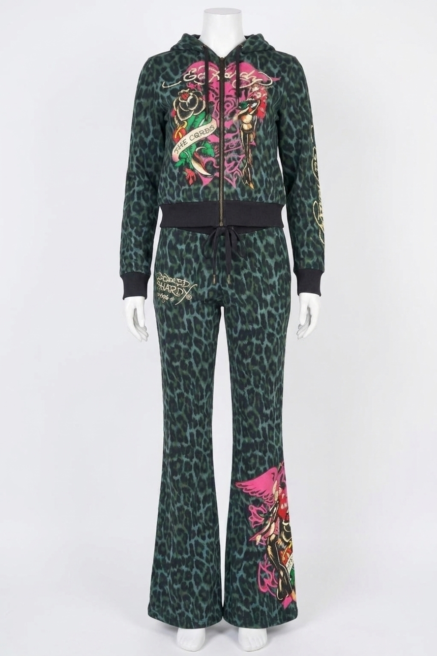 NEW ED HARDY anchor rose bootcut sweatpants in green leopard